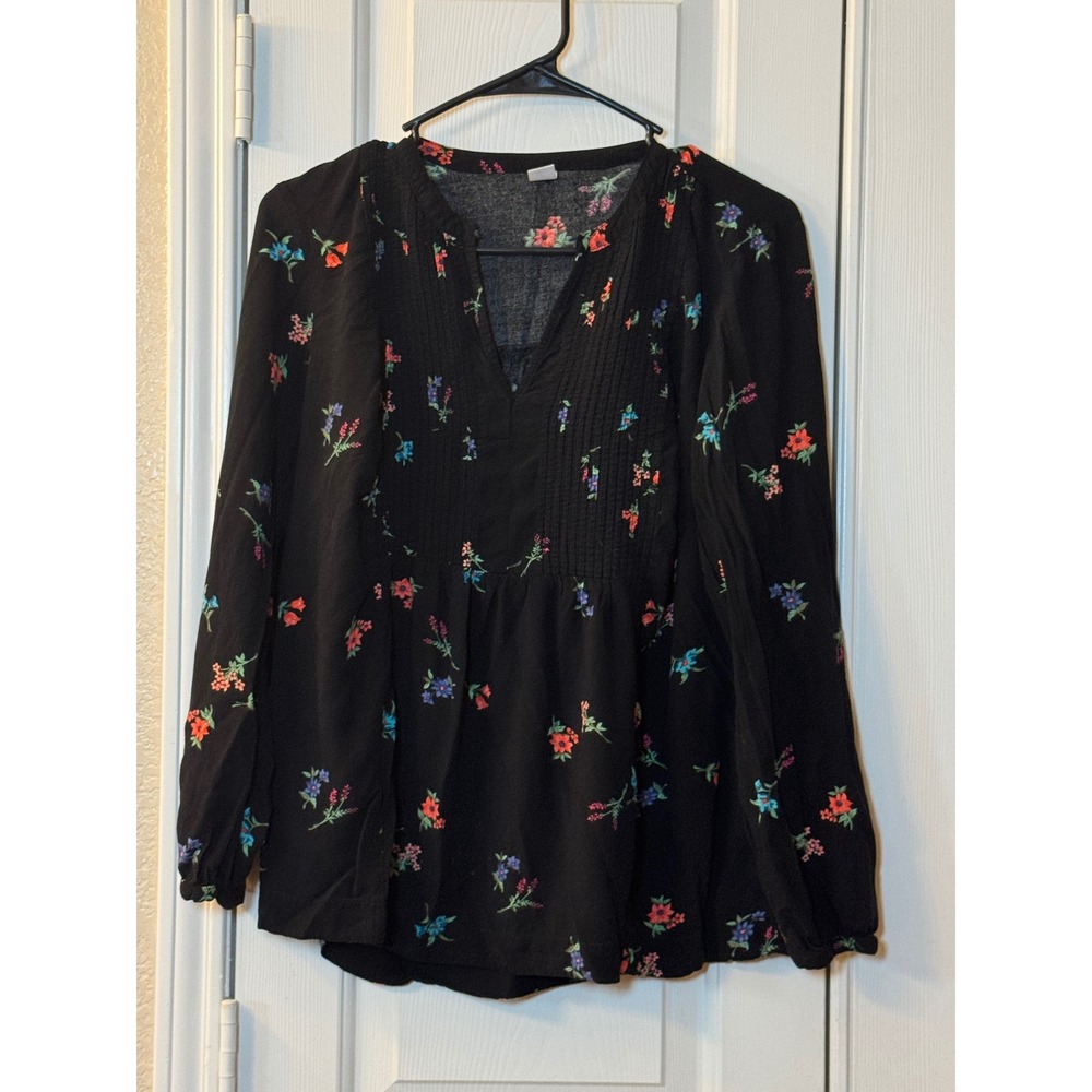 Old Navy Women‎ Black Floral Pintuck V Neck Tunic Blouse Women Sz M Boho Peasant
